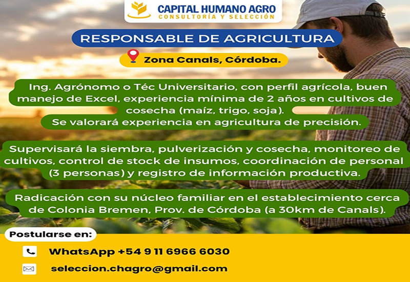 Responsable de Agricultura -Colonia Bremen - Córdoba